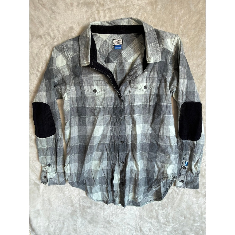 KAVU Womens Grey Plaid Flannel Button Down Shirt Corduroy Elbow Patches Small
